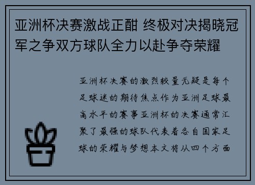 亚洲杯决赛激战正酣 终极对决揭晓冠军之争双方球队全力以赴争夺荣耀